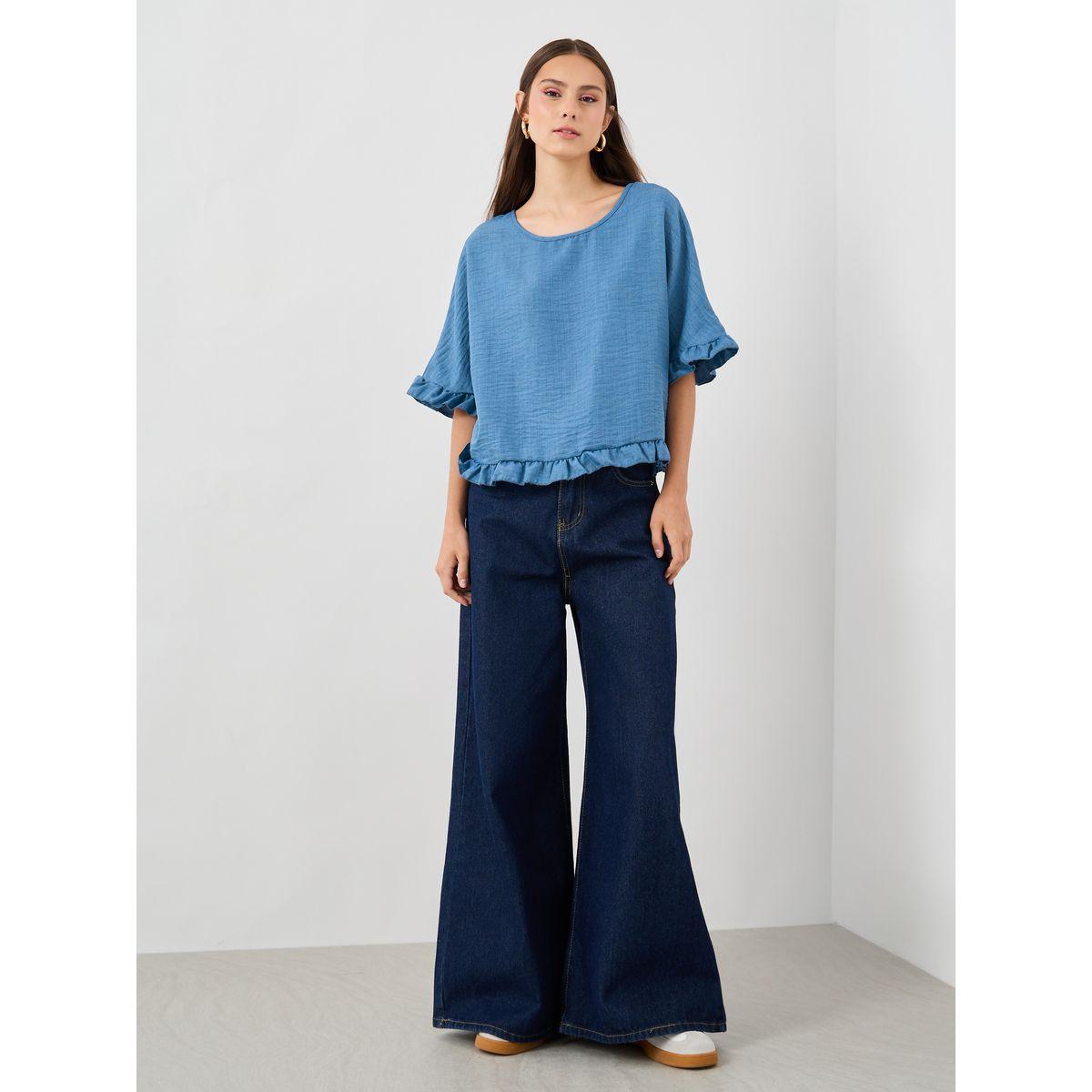 Styli Ruffled Hem Short Sleeve Round Neck Blouse-women-clothing-shirtsandblouses-blouses-image-2