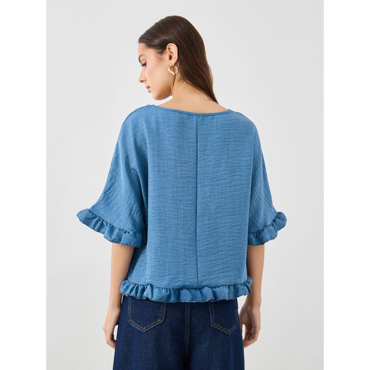 Styli Ruffled Hem Short Sleeve Round Neck Blouse-women-clothing-shirtsandblouses-blouses-image-4