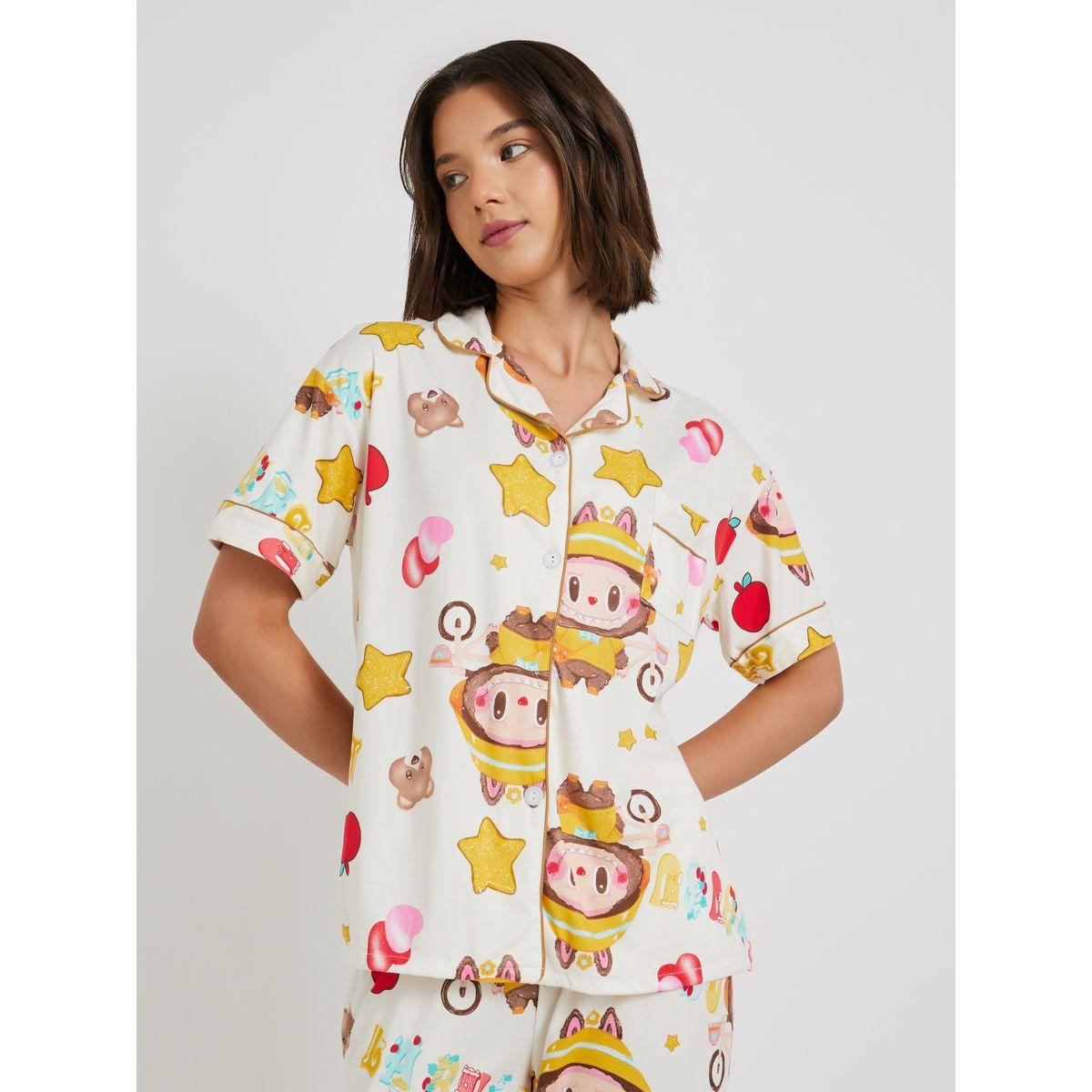 Styli All-Over Print Collared Shirt with Shorts and Pyjama Set-women-clothing-nightwear-pyjamas-longsets-image-2