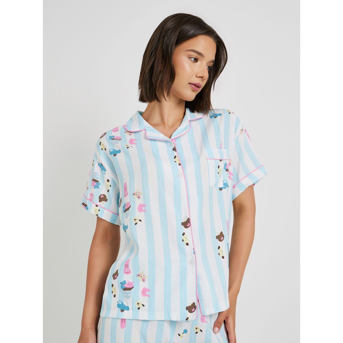 طقم بيجاما من بنطال وشورت مع بلوزة مطبعة بالكامل-women-clothing-nightwear-pyjamas-longsets-image-2