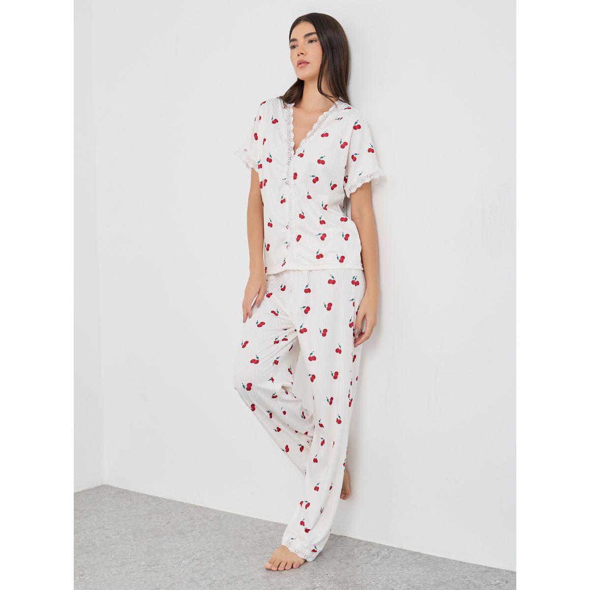 Styli Cherry Print V Neck T-Shirt and Pyjama Set-women-clothing-nightwear-pyjamas-longsets-image-1