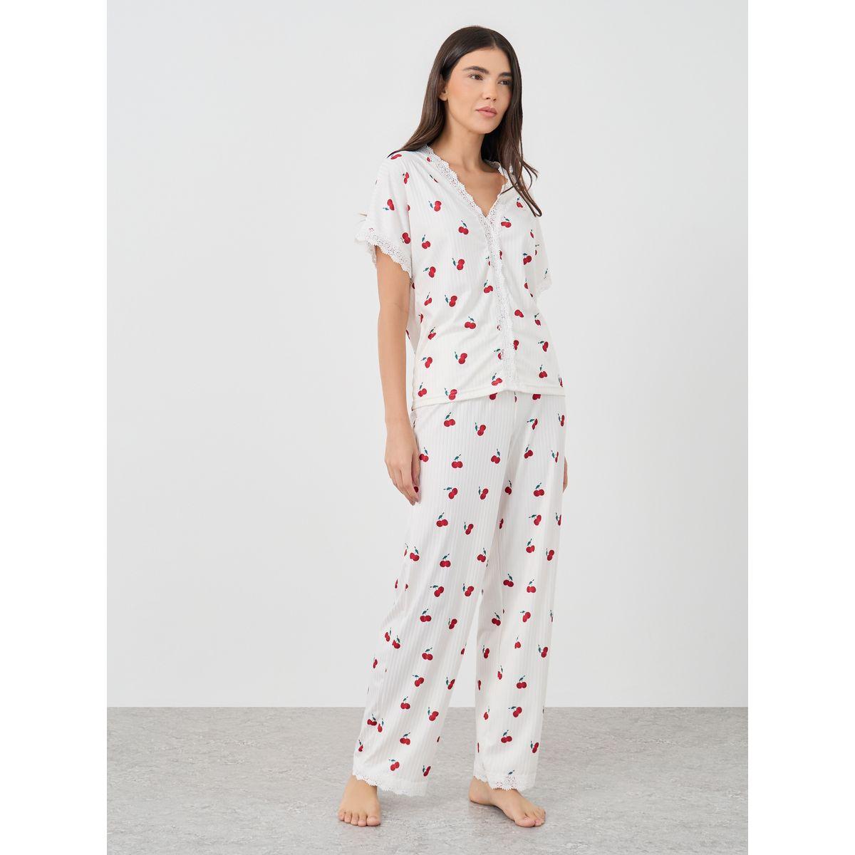 Styli Cherry Print V Neck T-Shirt and Pyjama Set-women-clothing-nightwear-pyjamas-longsets-image-2