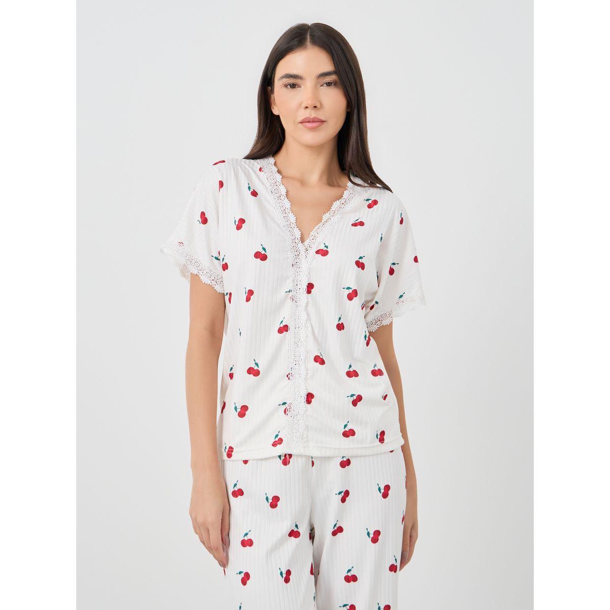 Styli Cherry Print V Neck T-Shirt and Pyjama Set-women-clothing-nightwear-pyjamas-longsets-image-3