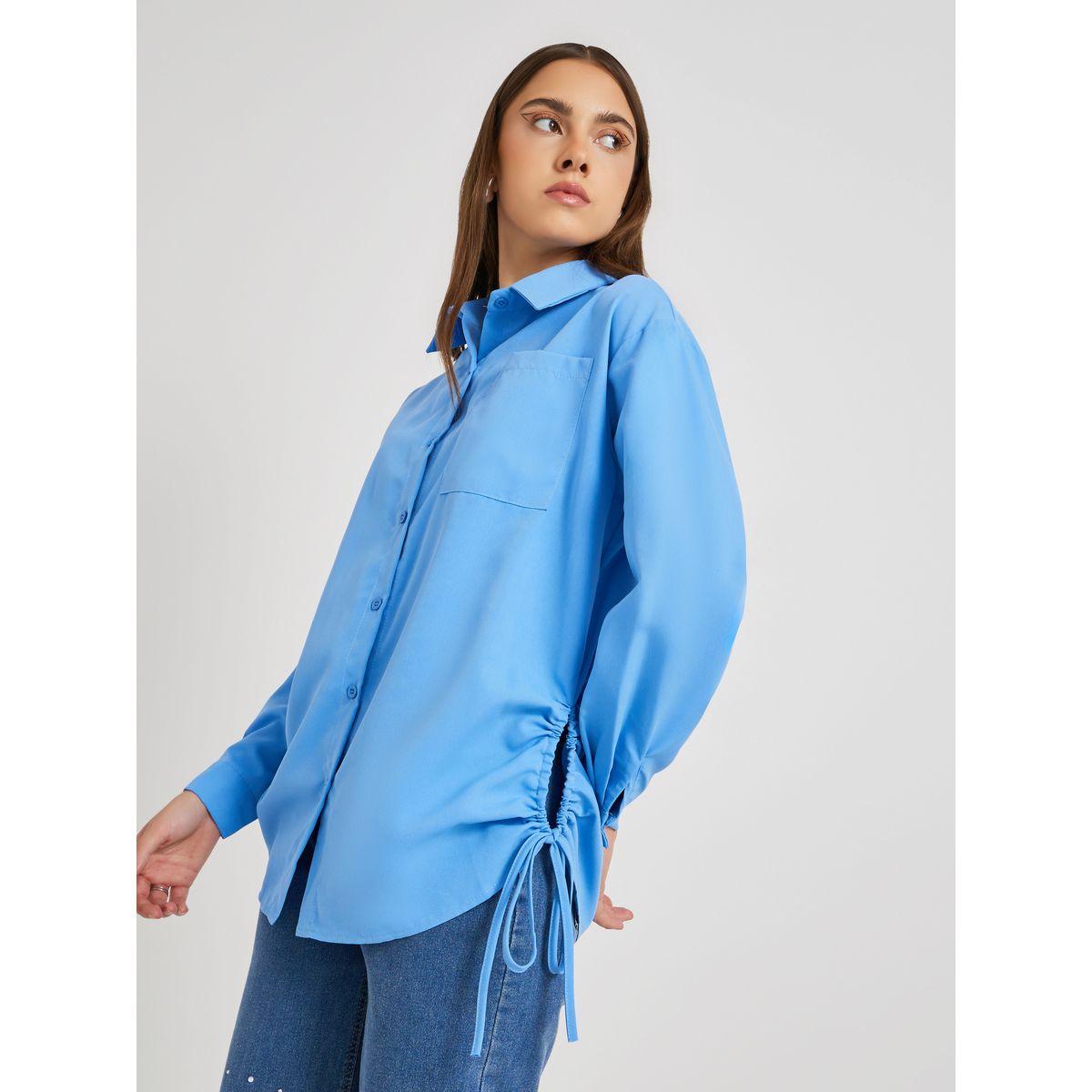 Styli Solid Drawstring Detail Oversized Shirt-women-clothing-shirtsandblouses-shirts-image-1