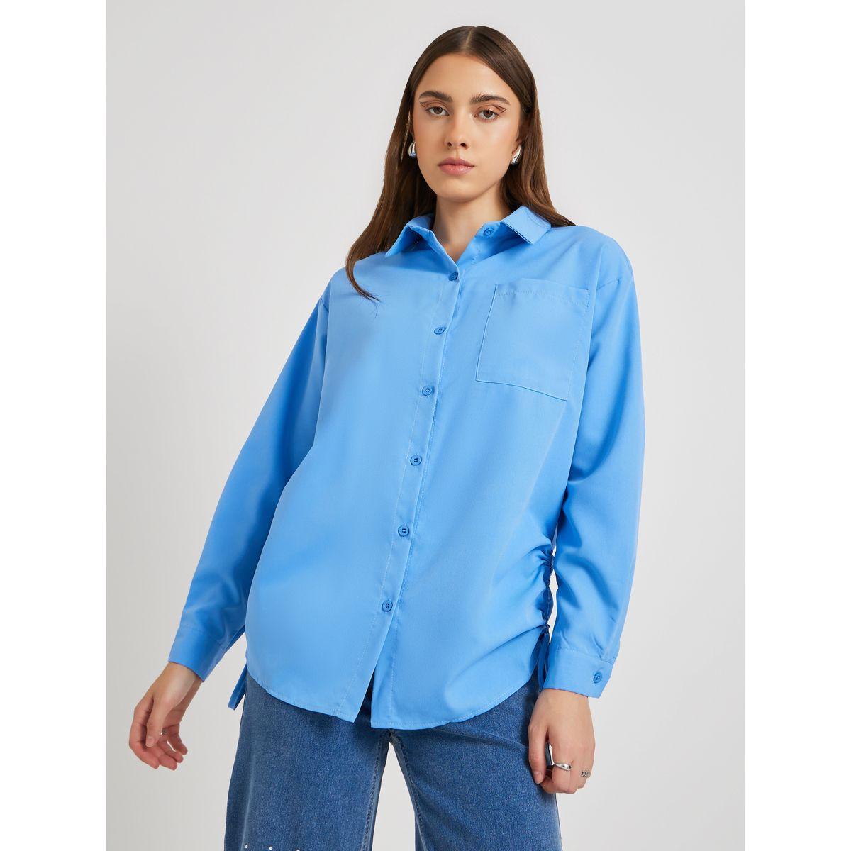 Styli Solid Drawstring Detail Oversized Shirt-women-clothing-shirtsandblouses-shirts-image-3