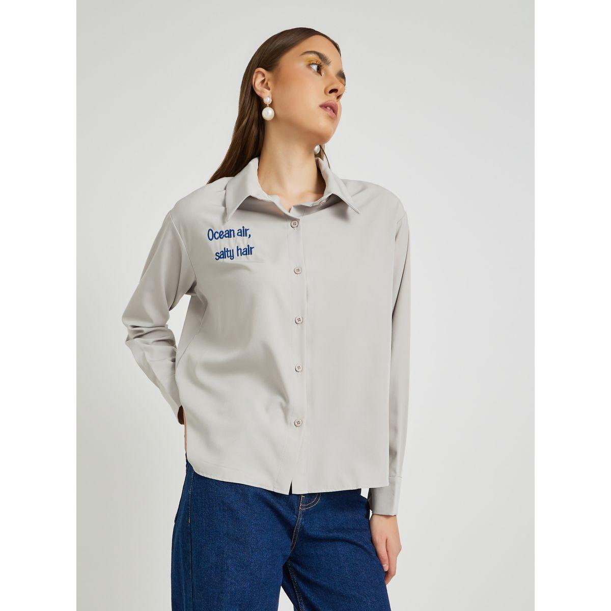 Styli Solid Slogan Embroidery Oversized Shirt-women-clothing-shirtsandblouses-shirts-image-1