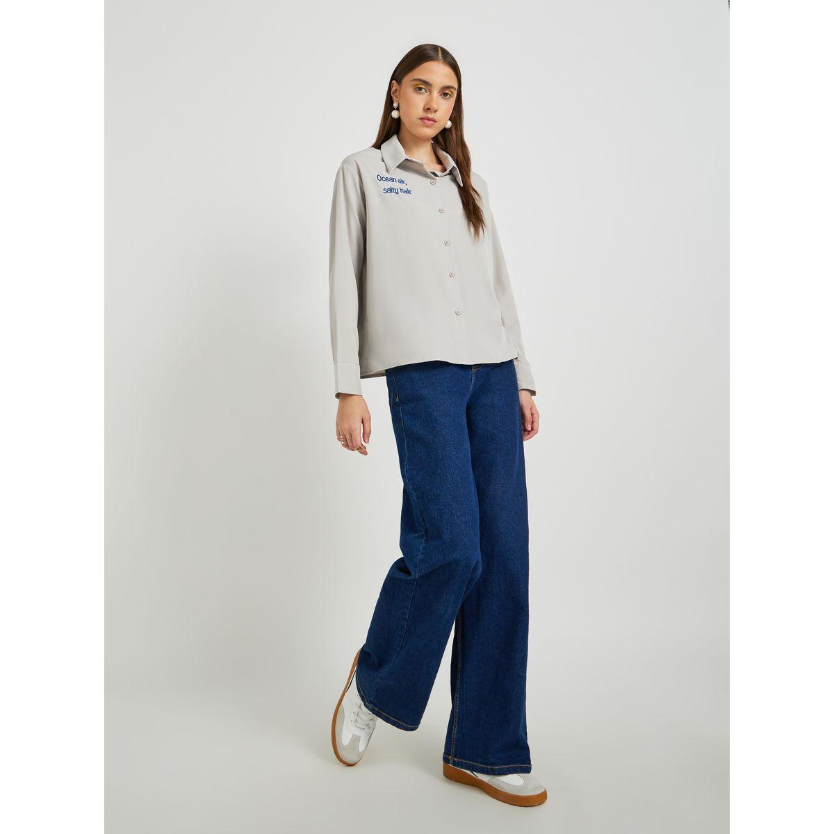 Styli Solid Slogan Embroidery Oversized Shirt-women-clothing-shirtsandblouses-shirts-image-2