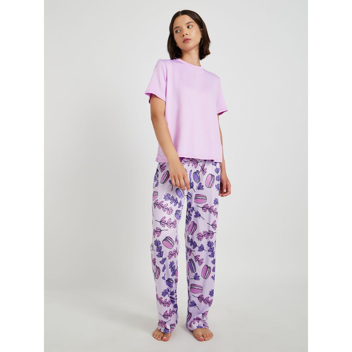 Styli Solid Round Neck T-Shirt and Pyjama Set-women-clothing-nightwear-pyjamas-longsets-image-1