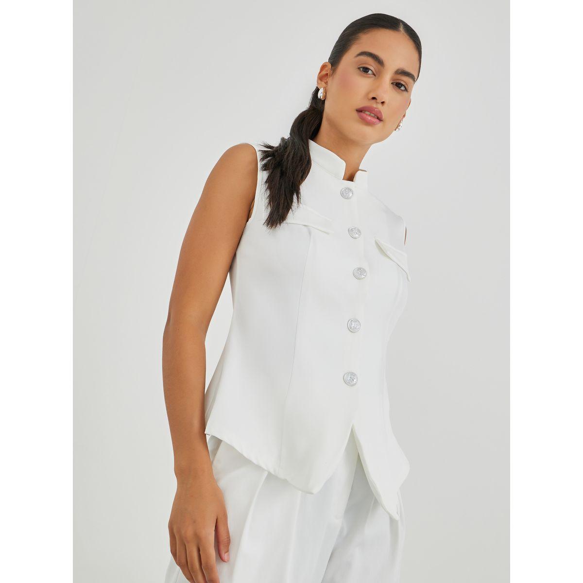 Styli Stand Collar Sleeveless Solid Waistcoat-women-clothing-coatsandjackets-waistcoats-image-1