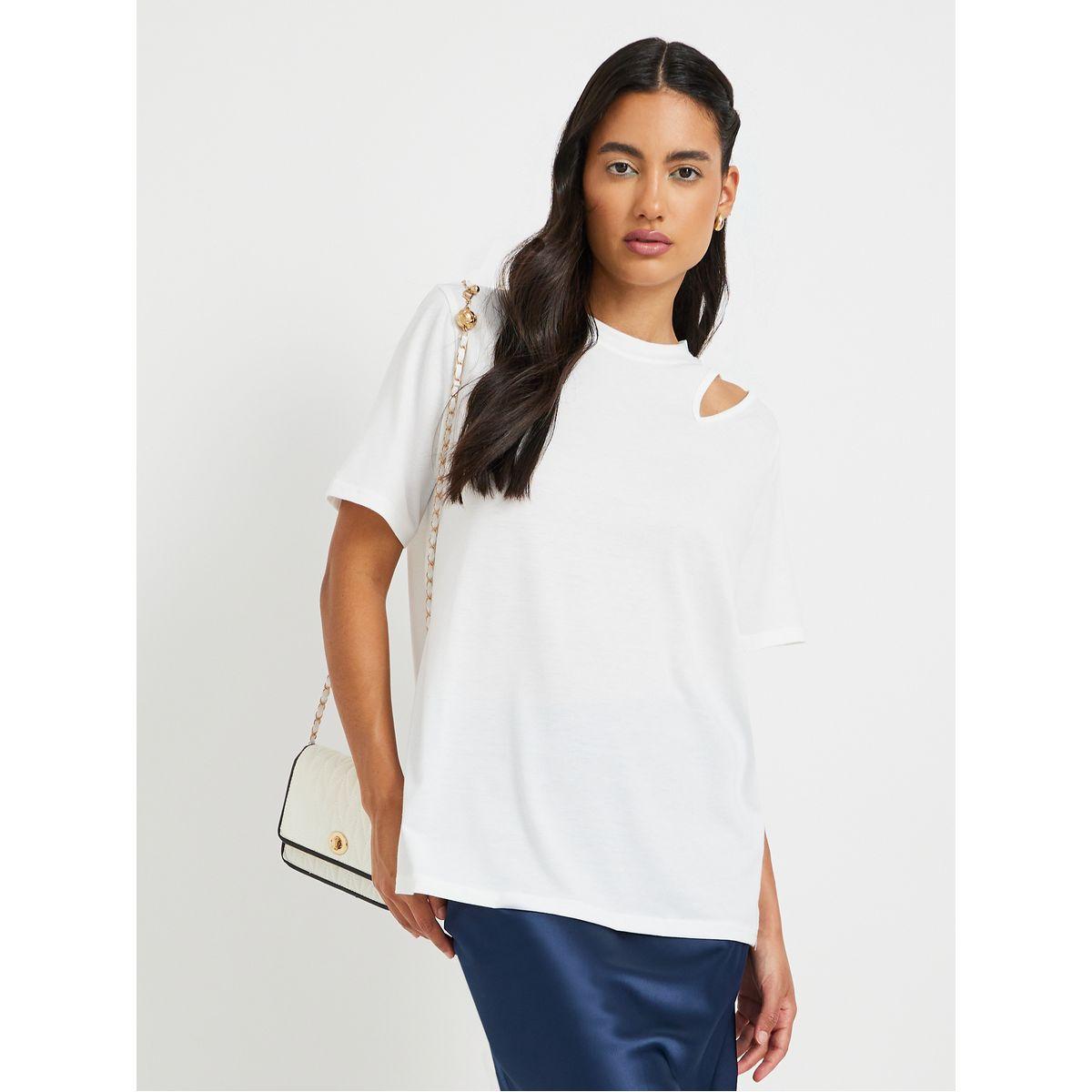 تيشيرت فضفاض سادة بياقة دائرية وتفاصيل شق-women-clothing-tshirts-image-1