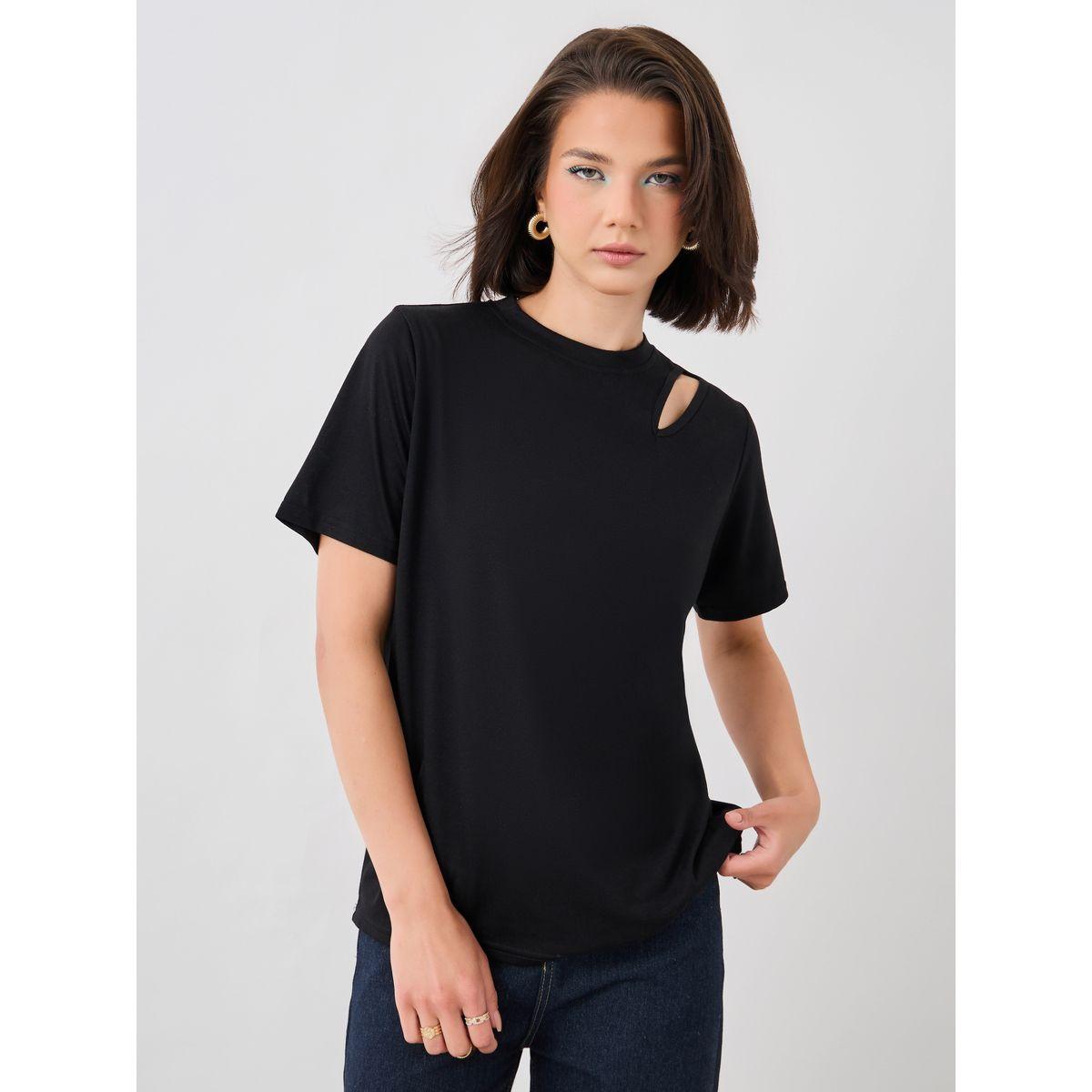 تيشيرت سادة بياقة دائرية وتفاصيل شق-women-clothing-tshirts-image-3