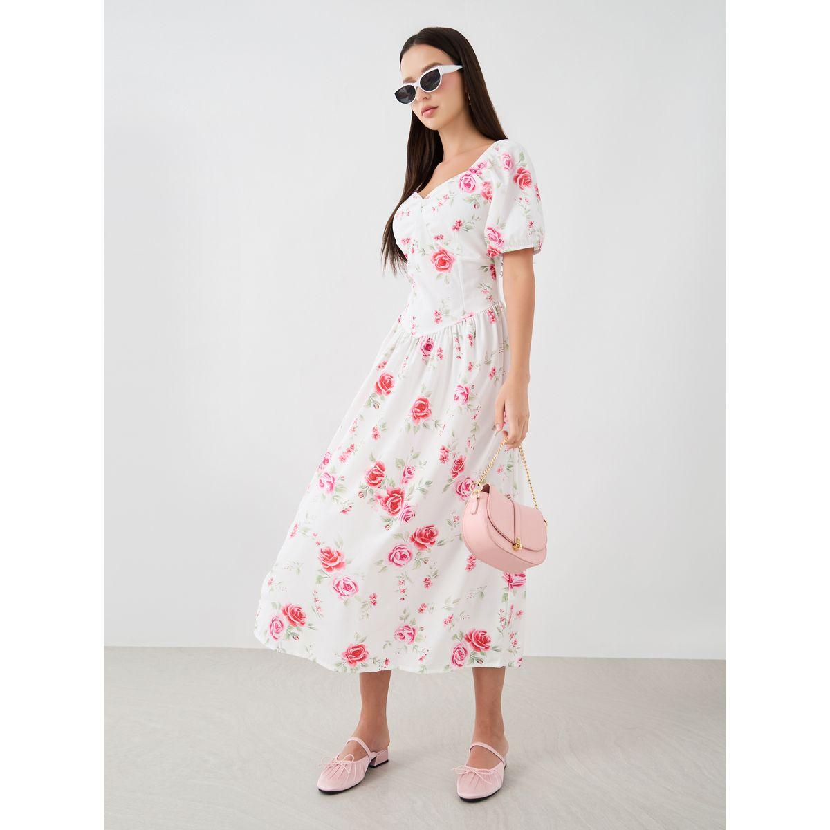 فستان ميدي بطبعة زهور وياقة بشكل قلب-women-clothing-dresses-image-1
