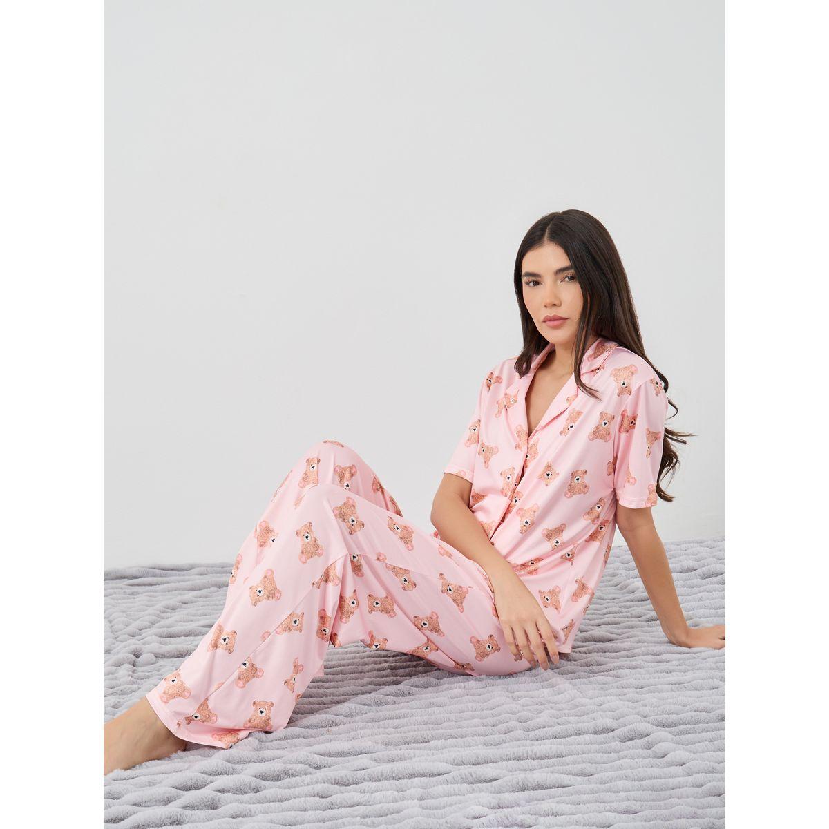 Styli Bear Print Short Sleeve Shirt and Pyjama Set-women-clothing-nightwear-pyjamas-longsets-image-1