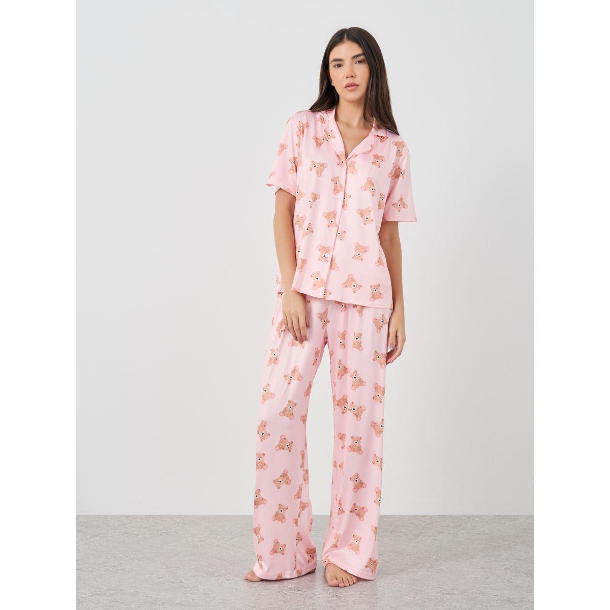Styli Bear Print Short Sleeve Shirt and Pyjama Set-women-clothing-nightwear-pyjamas-longsets-image-2