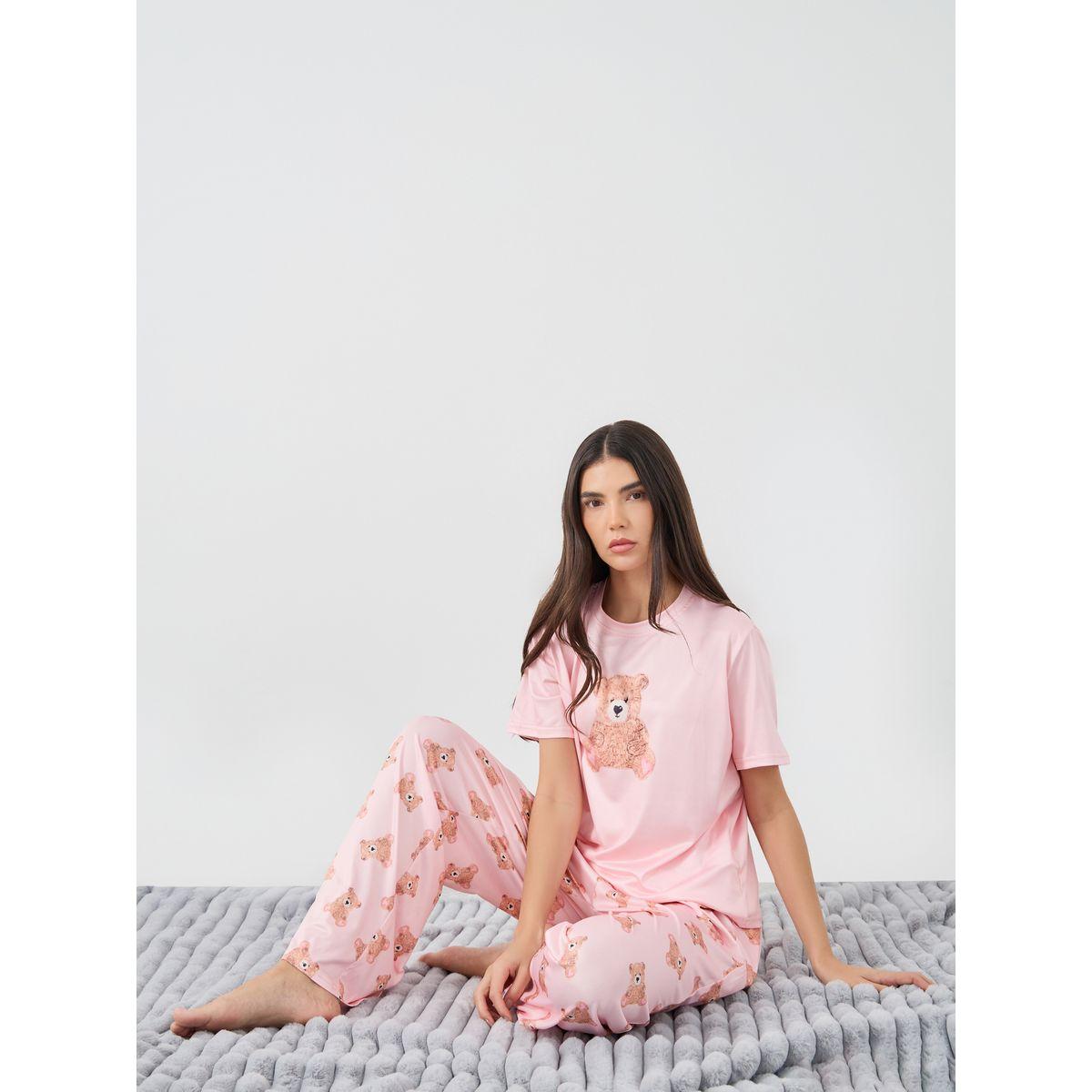 Styli Bear Graphic Print T-Shirt and Pyjama Set-women-clothing-nightwear-pyjamas-longsets-image-1