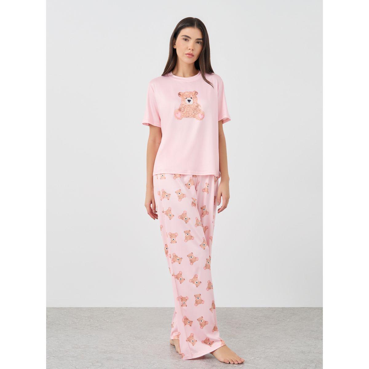 Styli Bear Graphic Print T-Shirt and Pyjama Set-women-clothing-nightwear-pyjamas-longsets-image-2