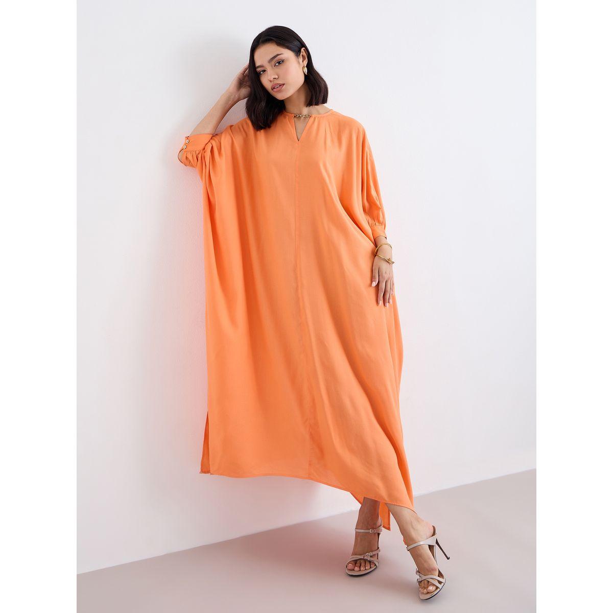 Styli Women Orange Loose Fit Batwing Sleeves Shift Maxi Dress-women-clothing-dresses-image-1