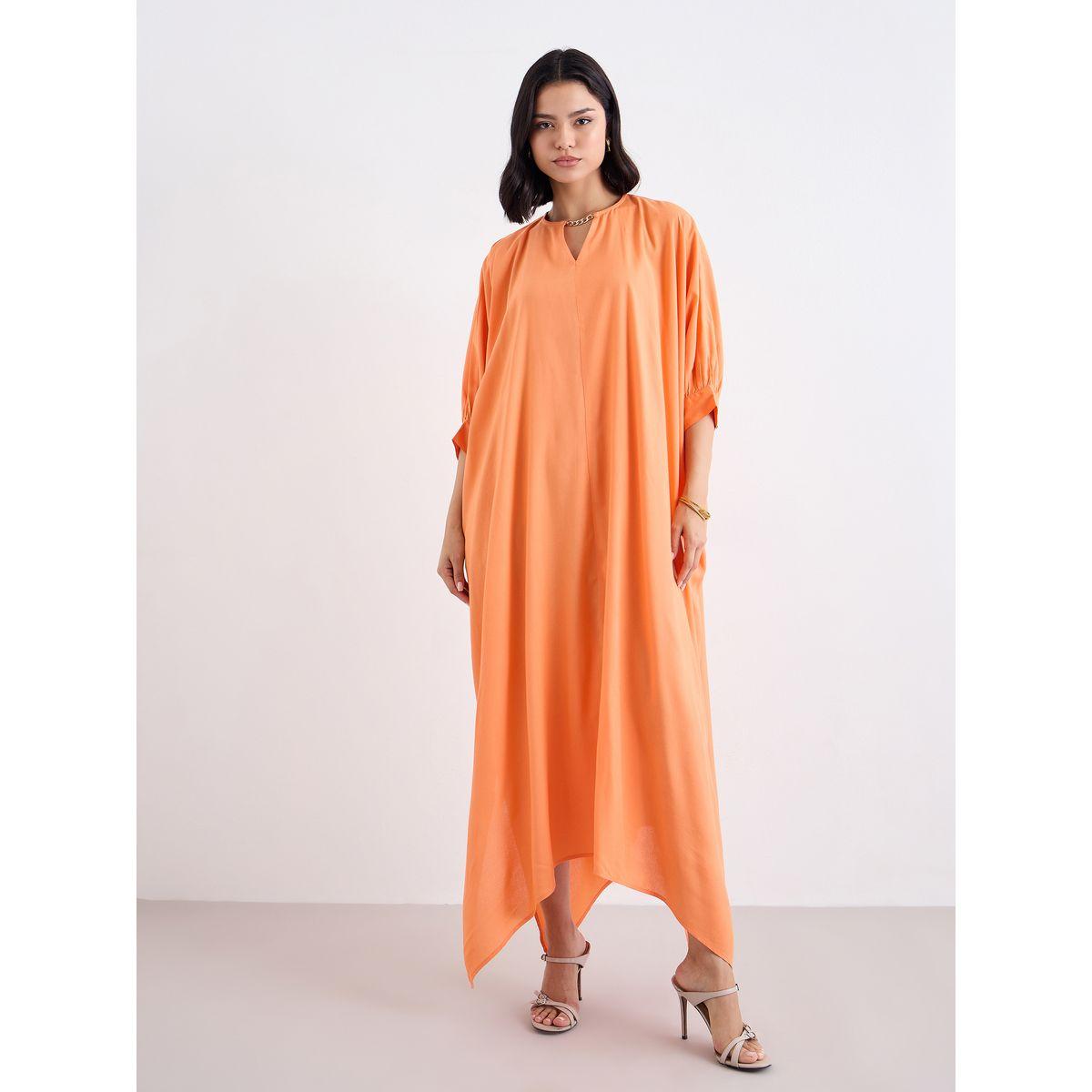 Styli Women Orange Loose Fit Batwing Sleeves Shift Maxi Dress-women-clothing-dresses-image-2