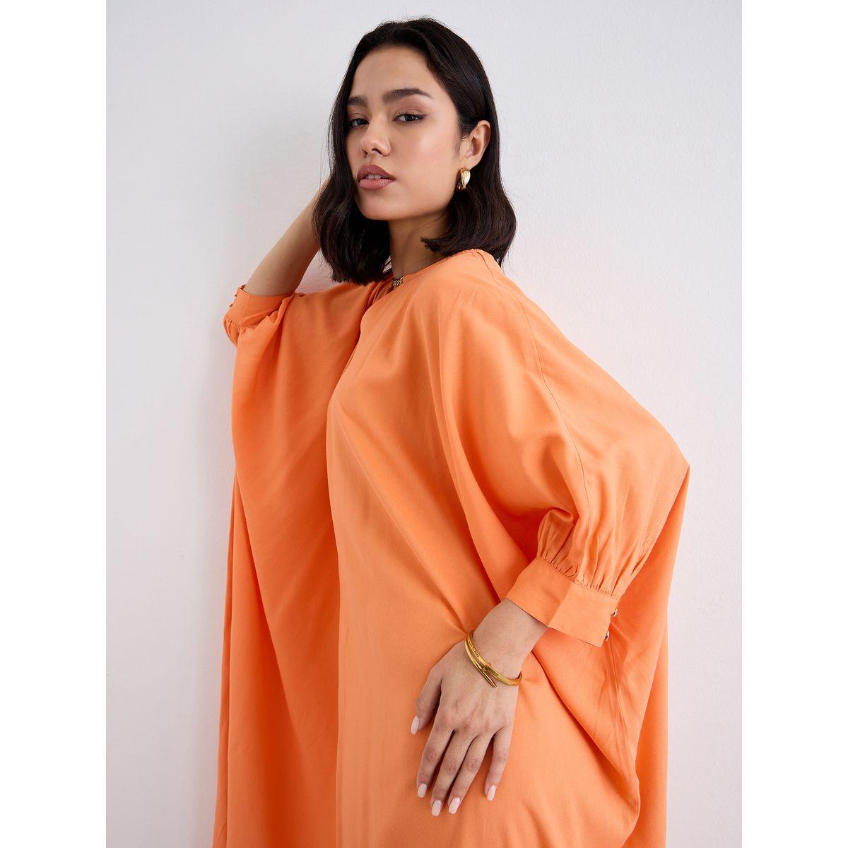 Styli Women Orange Loose Fit Batwing Sleeves Shift Maxi Dress-women-clothing-dresses-image-5