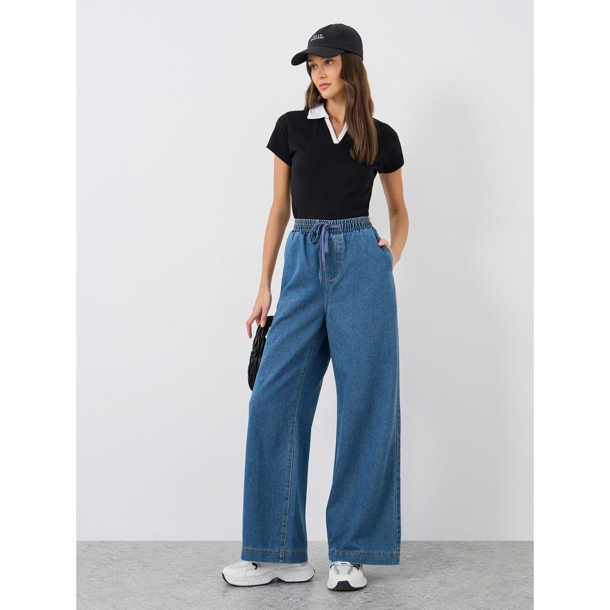 Styli Elasticated Waistband Wide Leg Jeans with Drawstring-women-clothing-bottoms-jeans-image-1