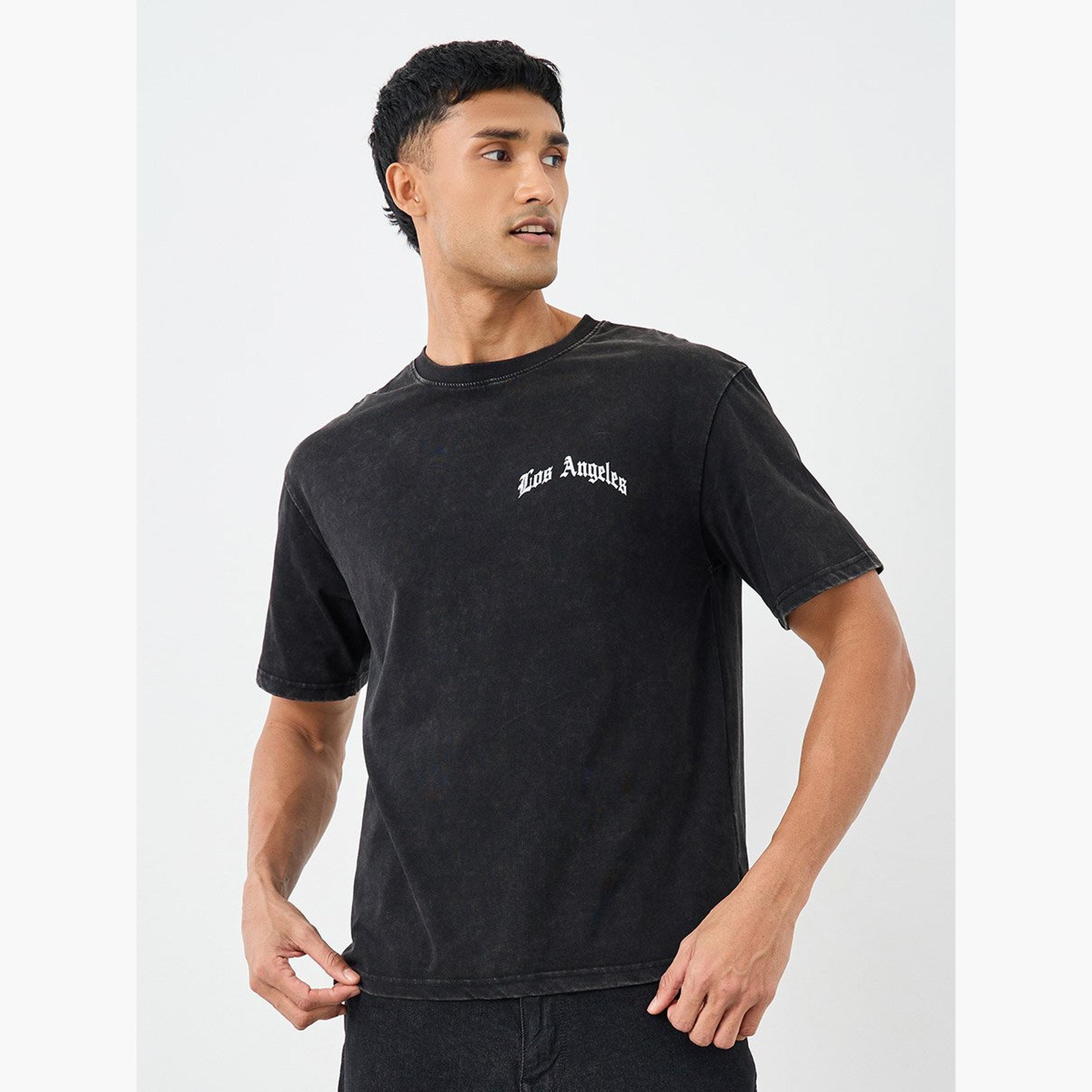 Styli Men Black Acid Washed Chest Print Oversized T-Shirt-men-clothing-tshirtsandpolos-tshirts-image-1