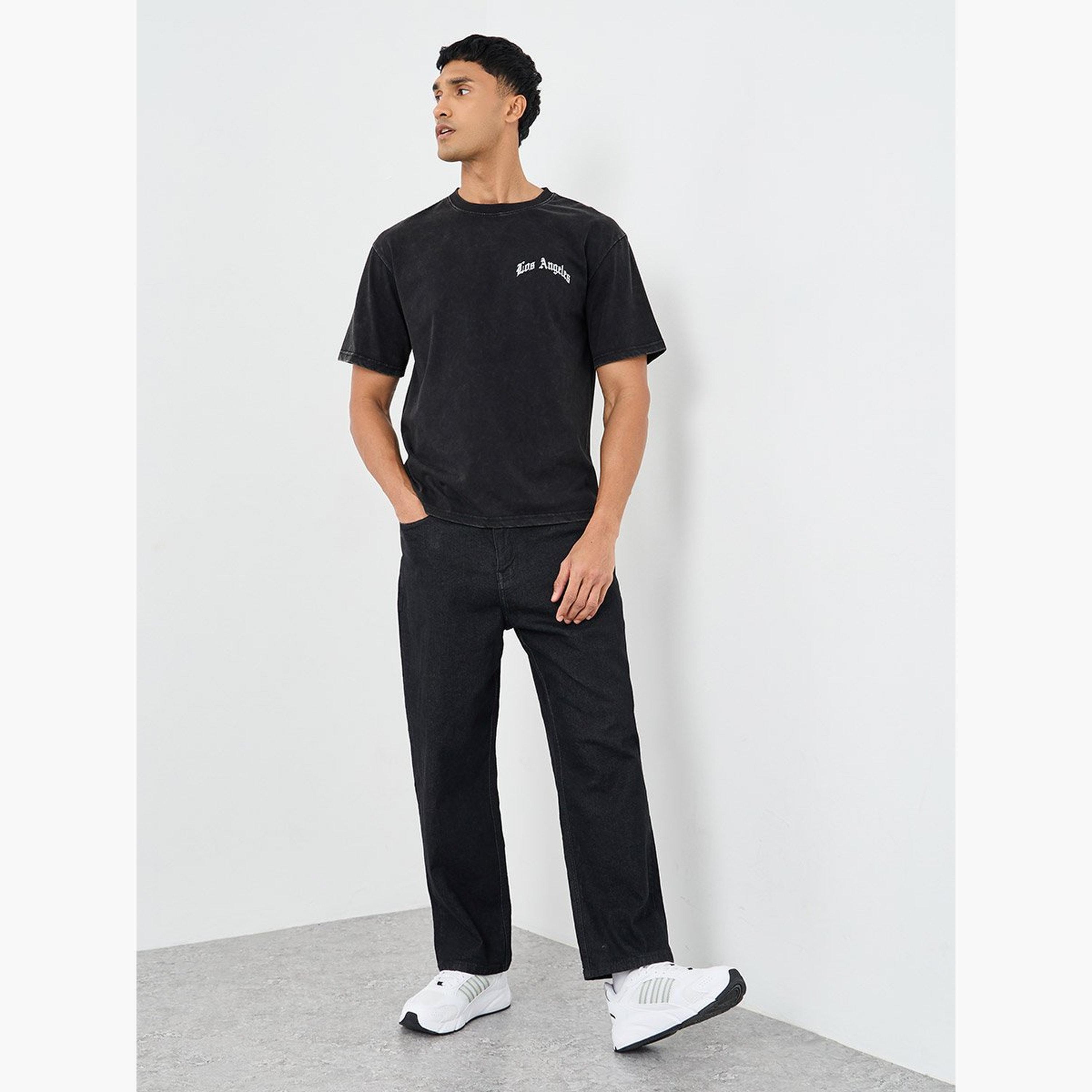 Styli Men Black Acid Washed Chest Print Oversized T-Shirt-men-clothing-tshirtsandpolos-tshirts-image-2