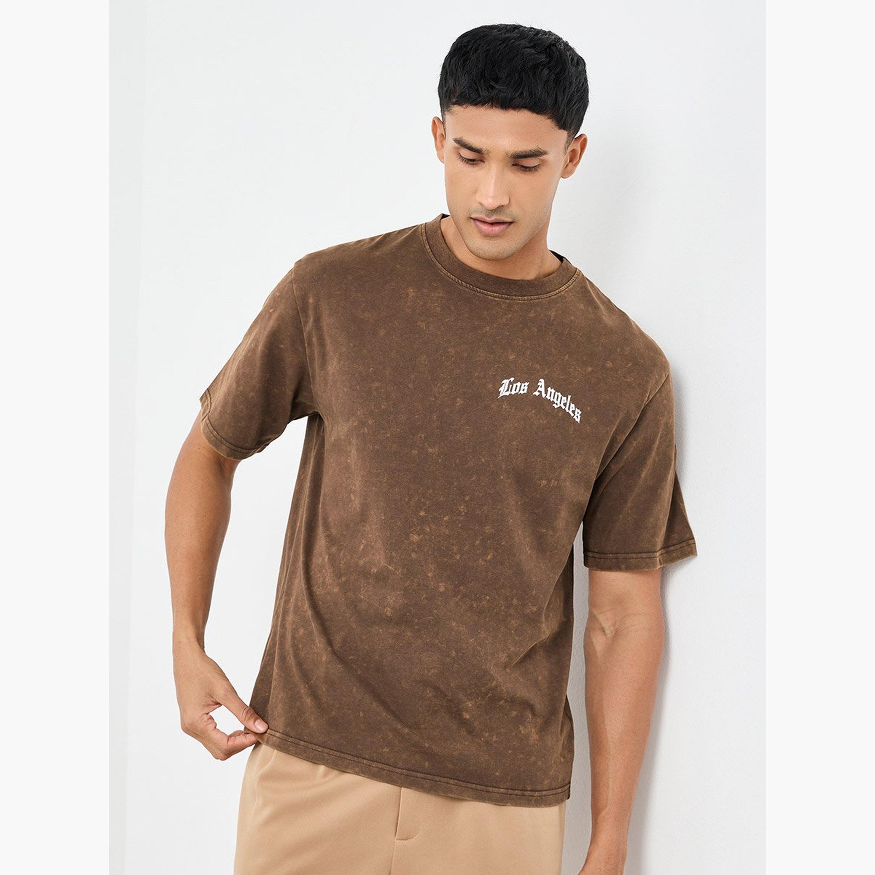 Styli Men Brown Acid Washed Chest Print Oversized T-Shirt-men-clothing-tshirtsandpolos-tshirts-image-1