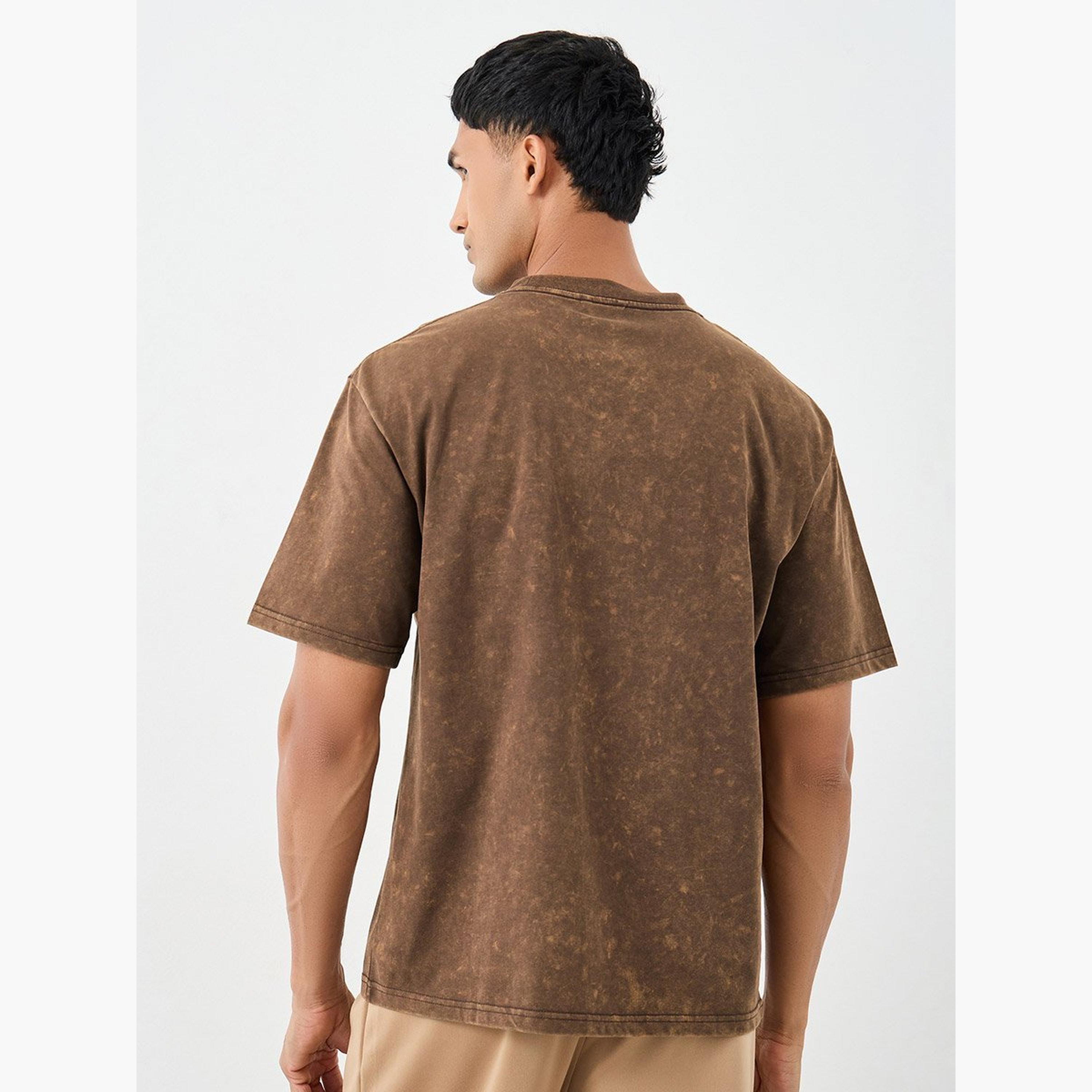 Styli Men Brown Acid Washed Chest Print Oversized T-Shirt-men-clothing-tshirtsandpolos-tshirts-image-4