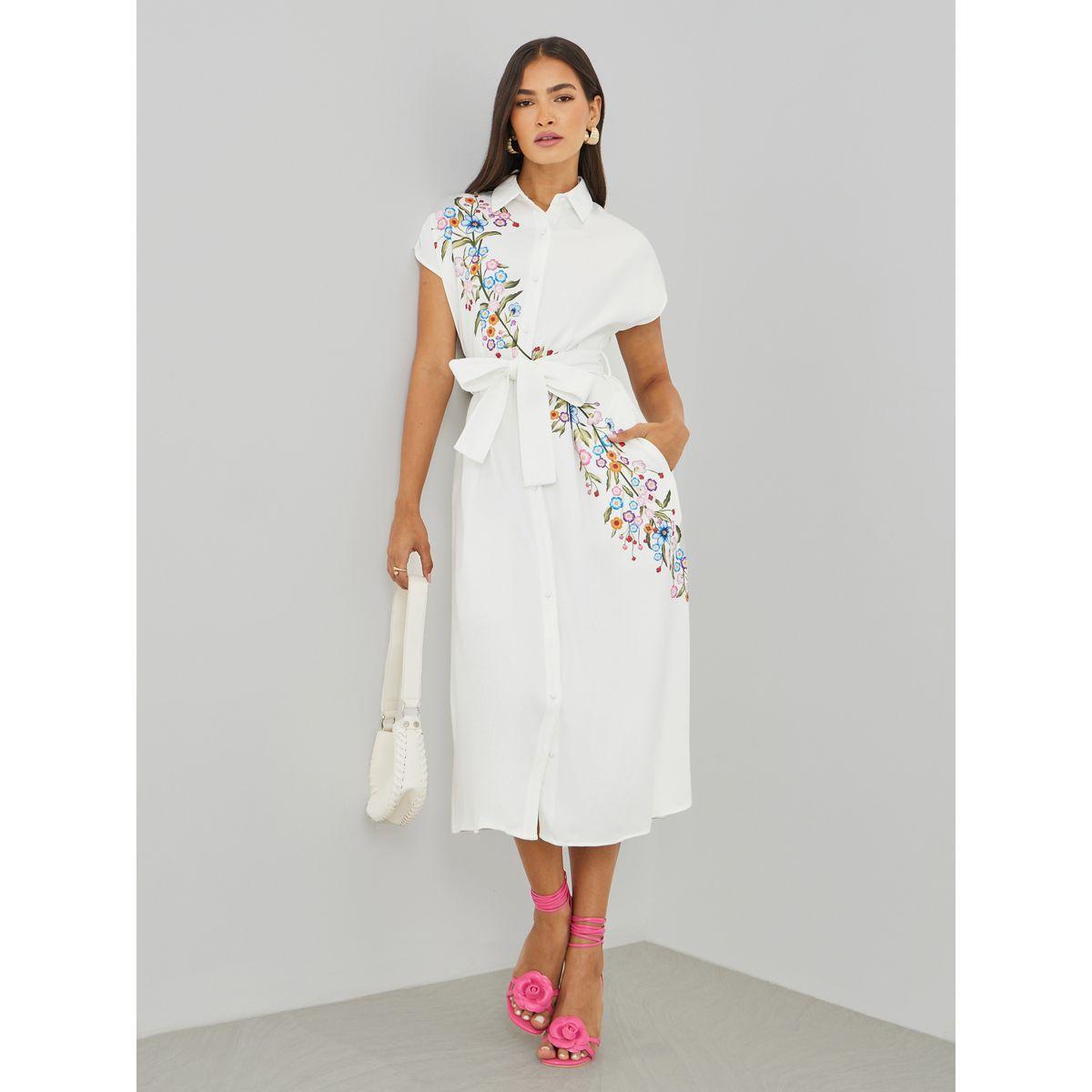 فستان ميدي بطبعة زهور وياقة سبريد مع حزام-women-clothing-dresses-image-1