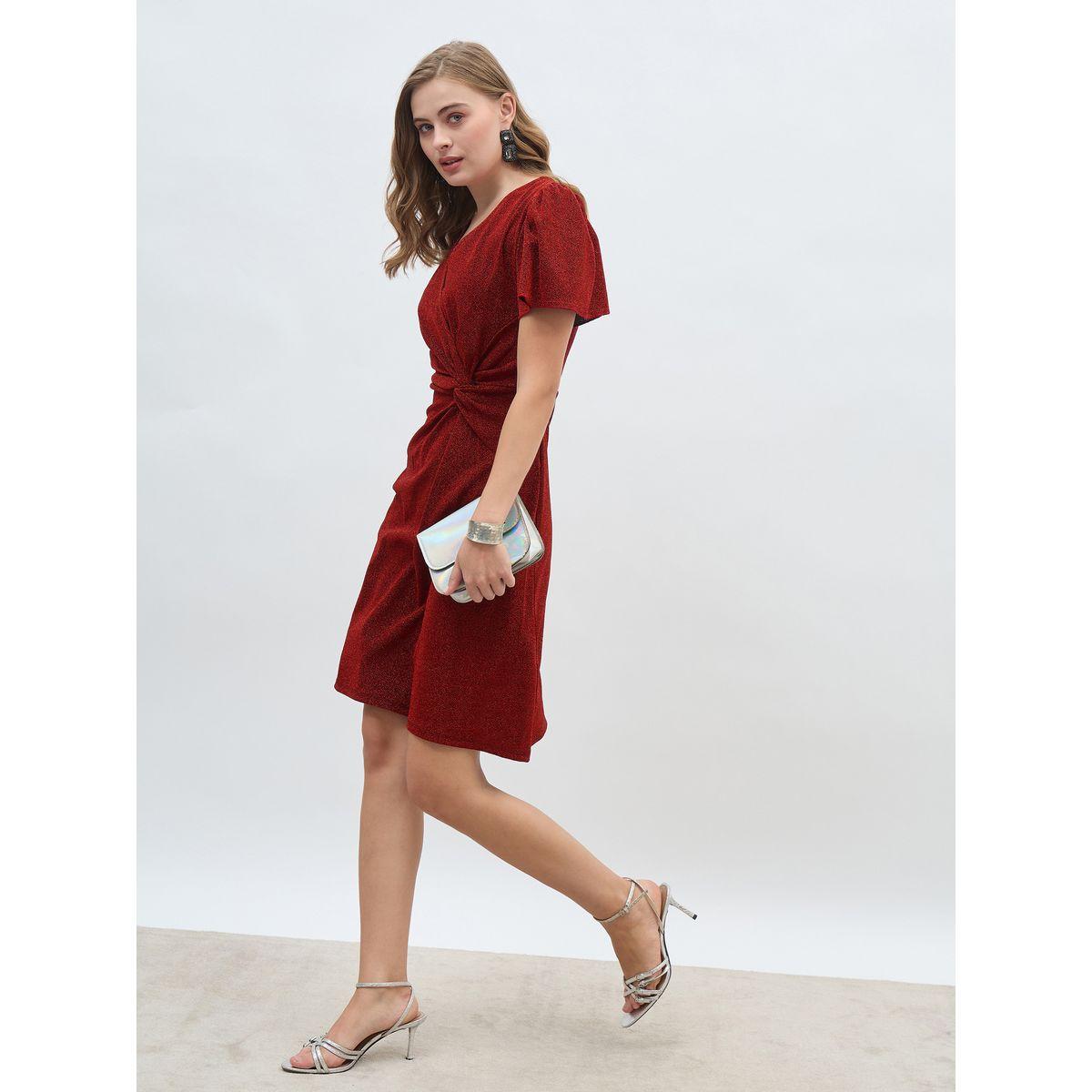 Styli Women Red Shimmer Twist Front Sheath Knee Length Dress with Flared Sleeves-women-clothing-dresses-image-1