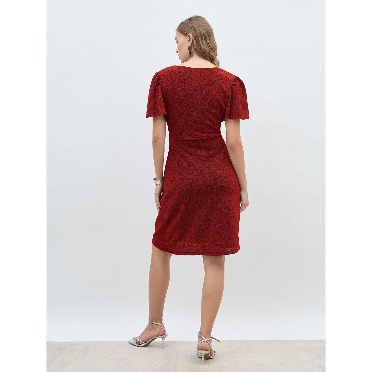 Styli Women Red Shimmer Twist Front Sheath Knee Length Dress with Flared Sleeves-women-clothing-dresses-image-5