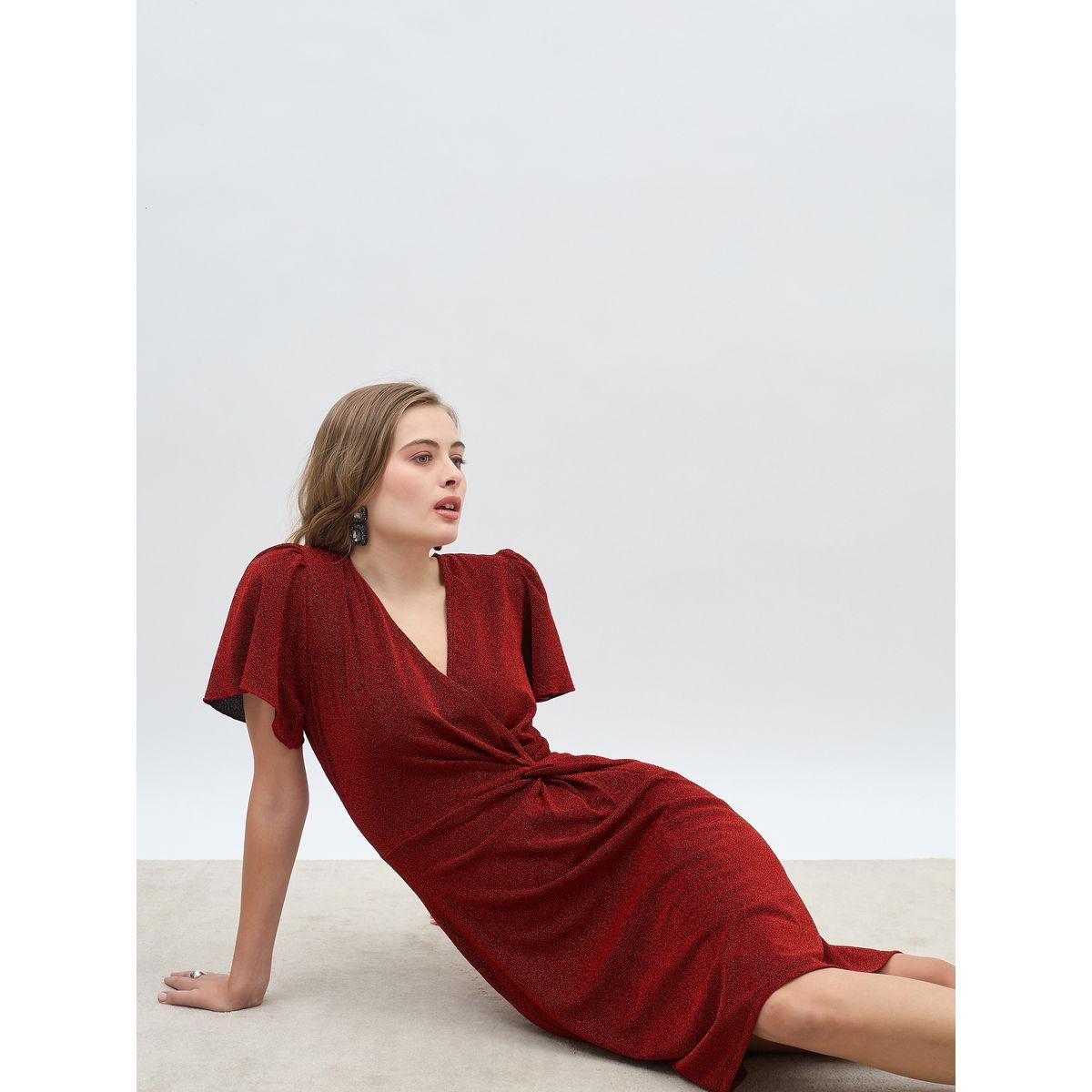 Styli Women Red Shimmer Twist Front Sheath Knee Length Dress with Flared Sleeves-women-clothing-dresses-image-6
