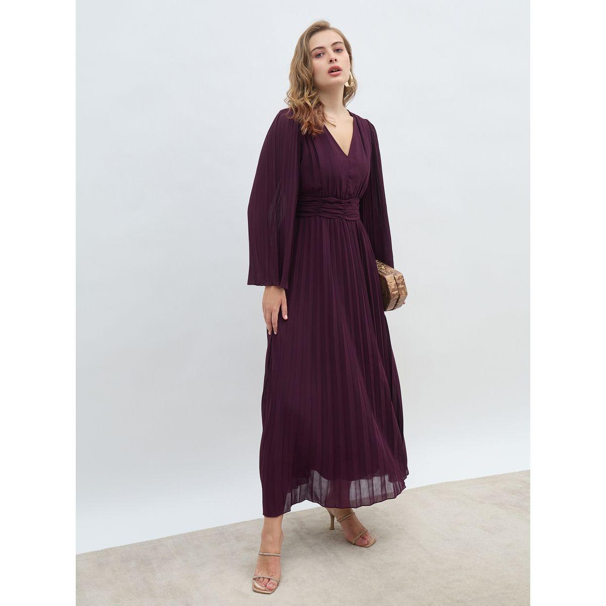 Styli Women Purple Solid V Neck Pleated A-line Maxi Dress-women-clothing-dresses-image-1