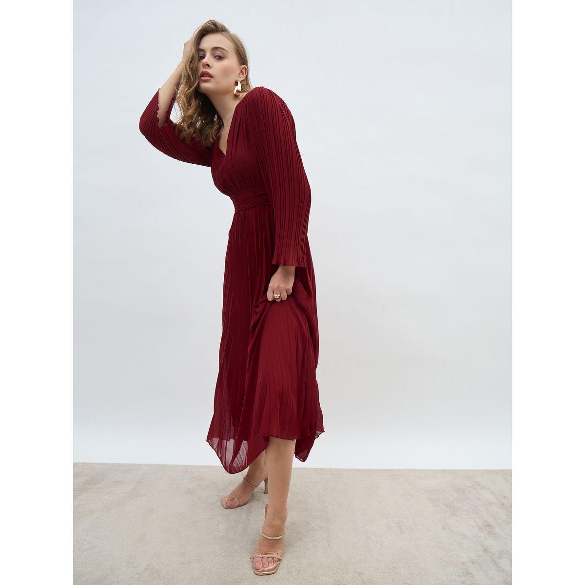Styli Women Red Solid V Neck Pleated A-line Maxi Dress-women-clothing-dresses-image-1