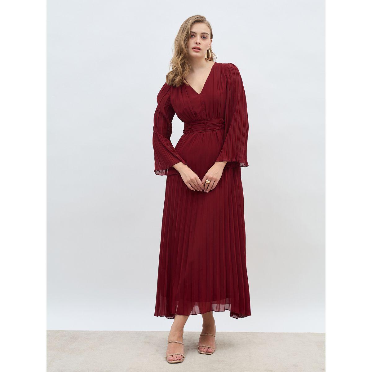 Styli Women Red Solid V Neck Pleated A-line Maxi Dress-women-clothing-dresses-image-2