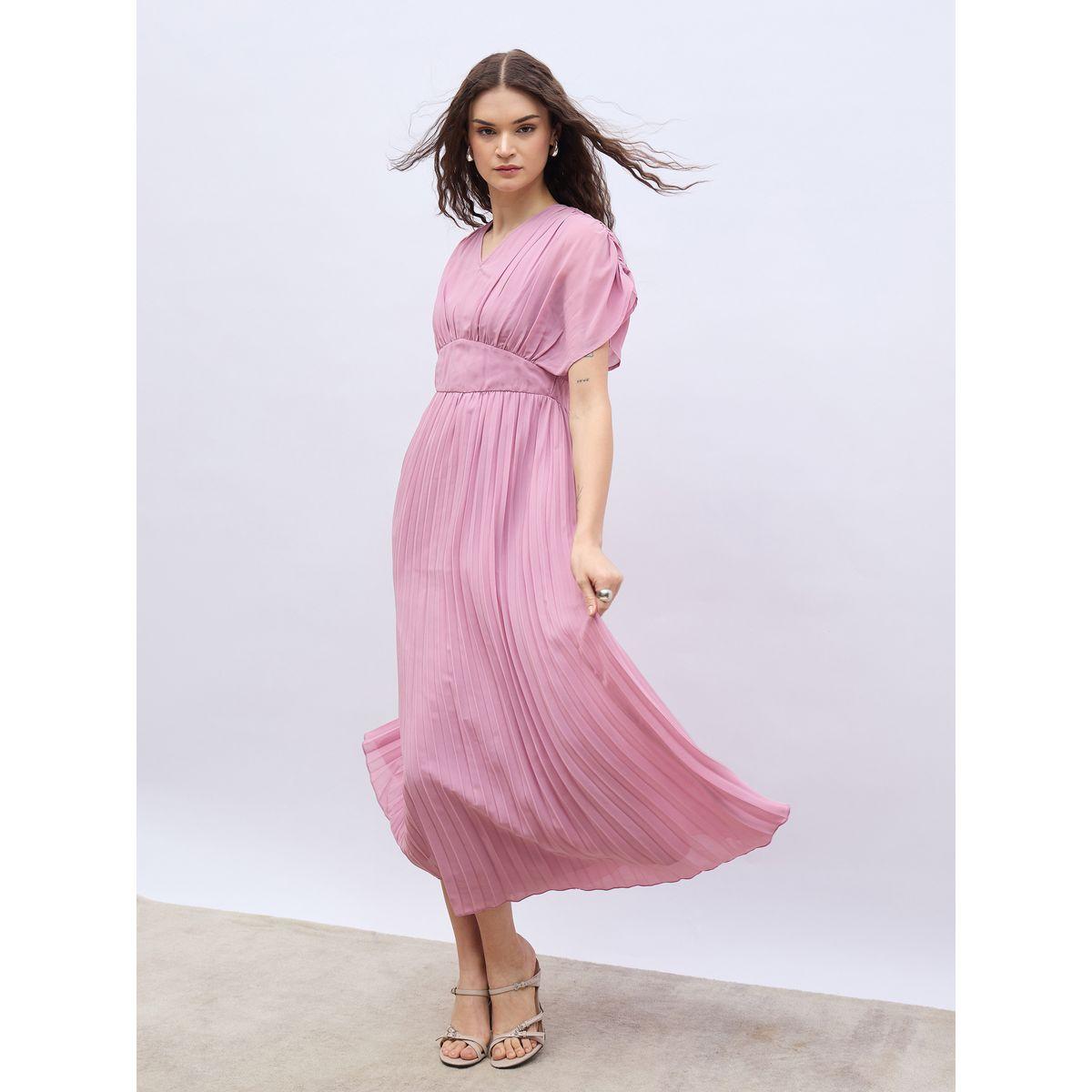 Styli Solid Ruched Extended Sleeves Pleated A-Line Maxi Dress-women-clothing-dresses-image-1