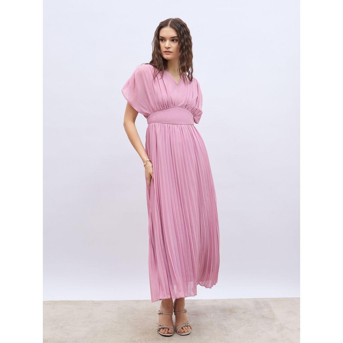 Styli Solid Ruched Extended Sleeves Pleated A-Line Maxi Dress-women-clothing-dresses-image-2