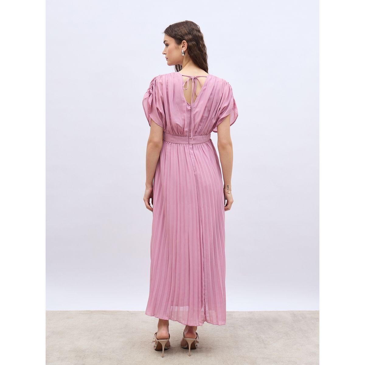 Styli Solid Ruched Extended Sleeves Pleated A-Line Maxi Dress-women-clothing-dresses-image-5
