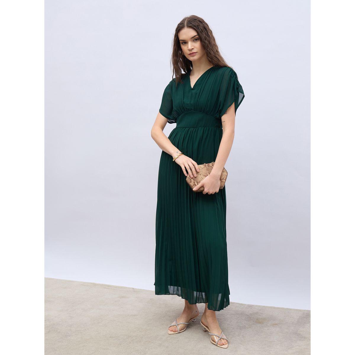 Styli Solid Ruched Extended Sleeves Pleated A-Line Maxi Dress-women-clothing-dresses-image-1