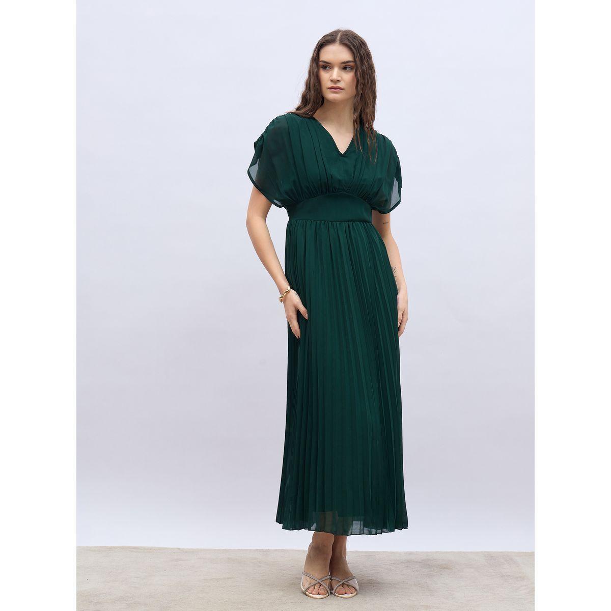 فستان طويل سادة بتفاصيل مزمومة وأكمام مُمتدة-women-clothing-dresses-image-2