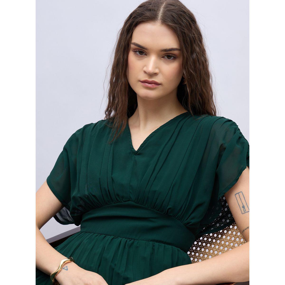 Styli Solid Ruched Extended Sleeves Pleated A-Line Maxi Dress-women-clothing-dresses-image-4