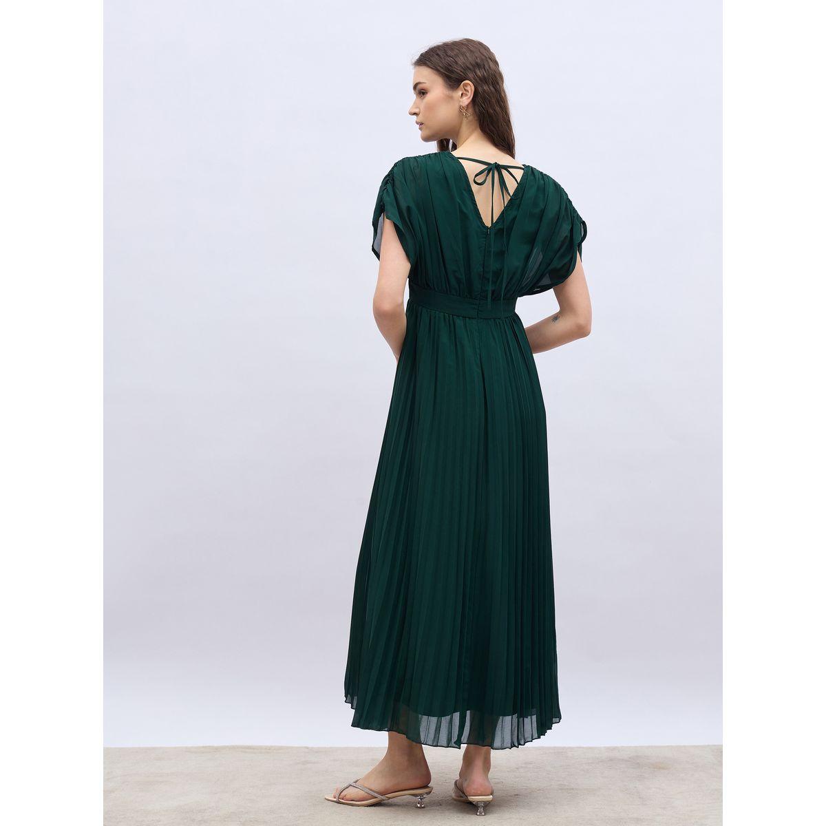 فستان طويل سادة بتفاصيل مزمومة وأكمام مُمتدة-women-clothing-dresses-image-5