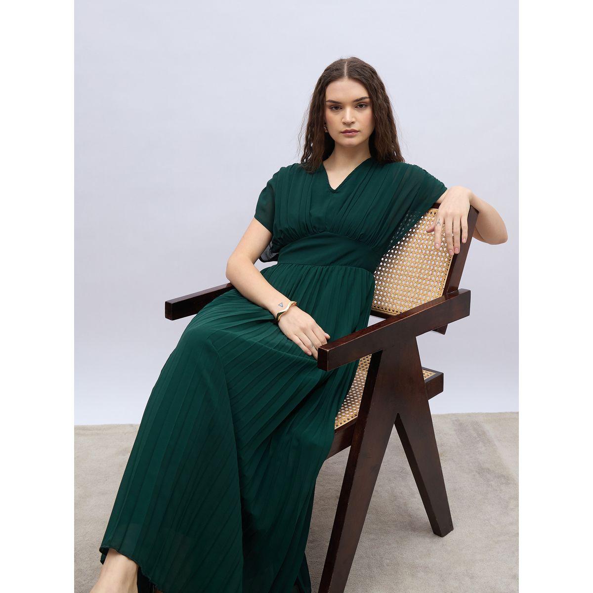 فستان طويل سادة بتفاصيل مزمومة وأكمام مُمتدة-women-clothing-dresses-image-6