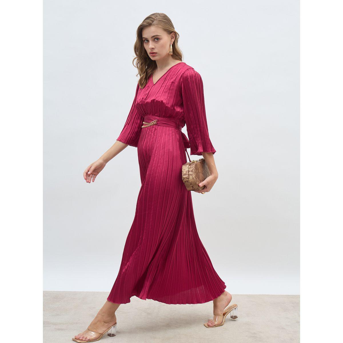 فستان طويل سادة بأكمام 3/4 وحزام-women-clothing-dresses-image-1