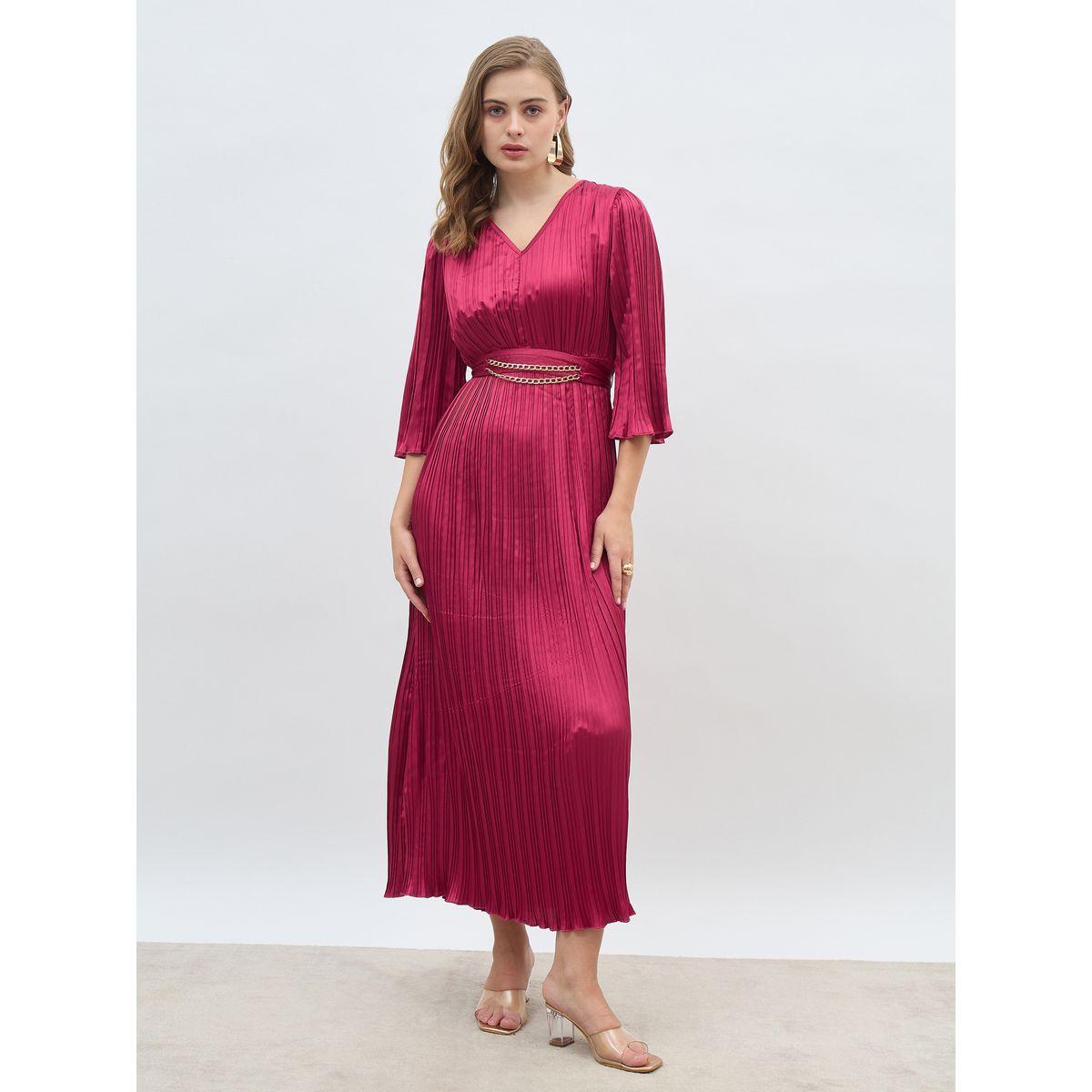 Styli Solid 3/4 Sleeves Pleated A-line Maxi Dress with Belt-women-clothing-dresses-image-2