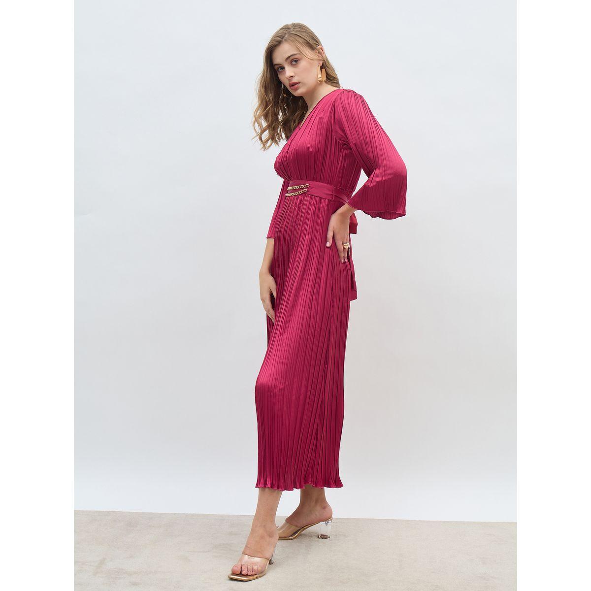 فستان طويل سادة بأكمام 3/4 وحزام-women-clothing-dresses-image-3