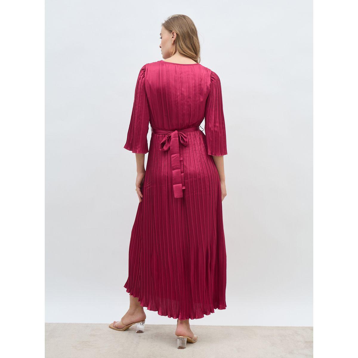 فستان طويل سادة بأكمام 3/4 وحزام-women-clothing-dresses-image-5