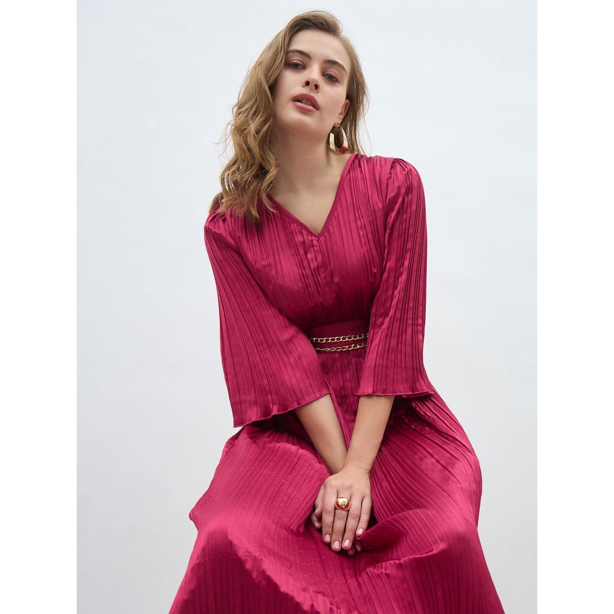 فستان طويل سادة بأكمام 3/4 وحزام-women-clothing-dresses-image-6