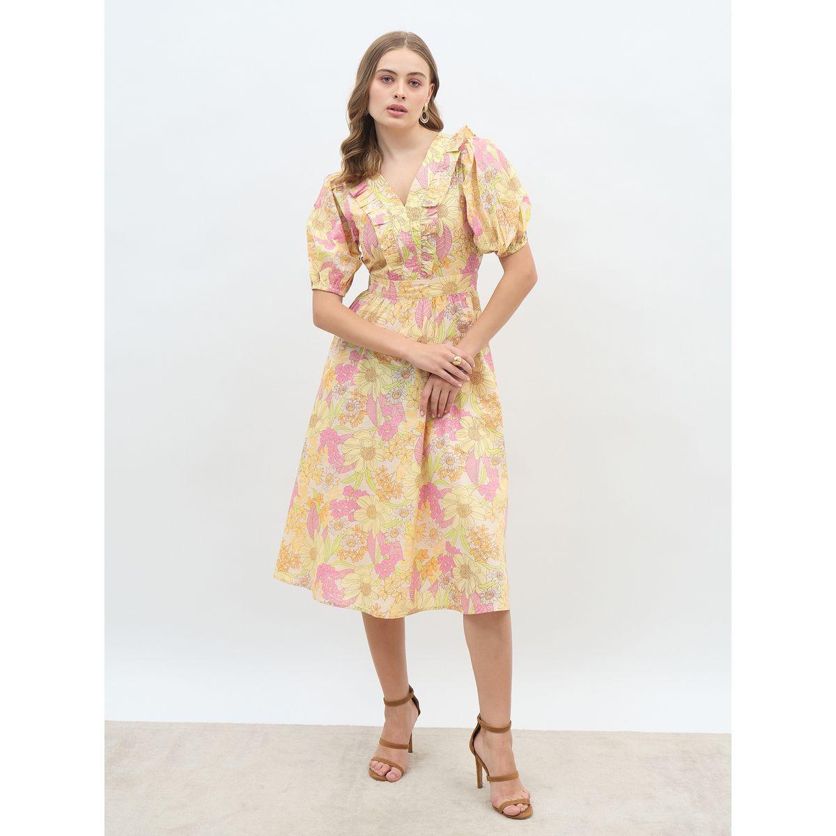 فستان ميدي مطبع بالكامل بزهور مع كشكش-women-clothing-dresses-image-2