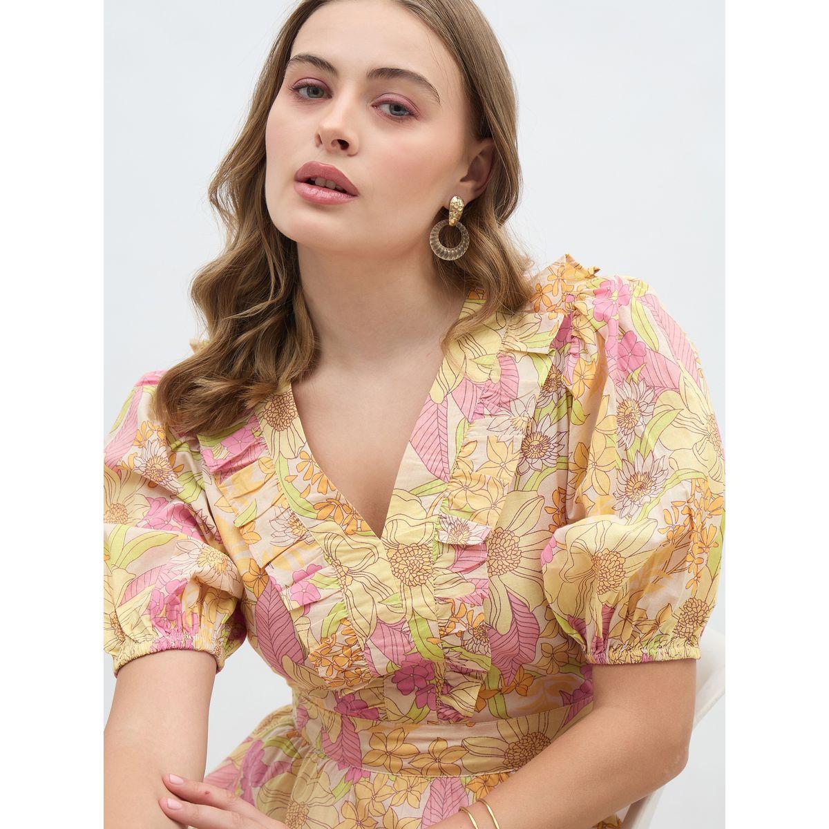 فستان ميدي مطبع بالكامل بزهور مع كشكش-women-clothing-dresses-image-4